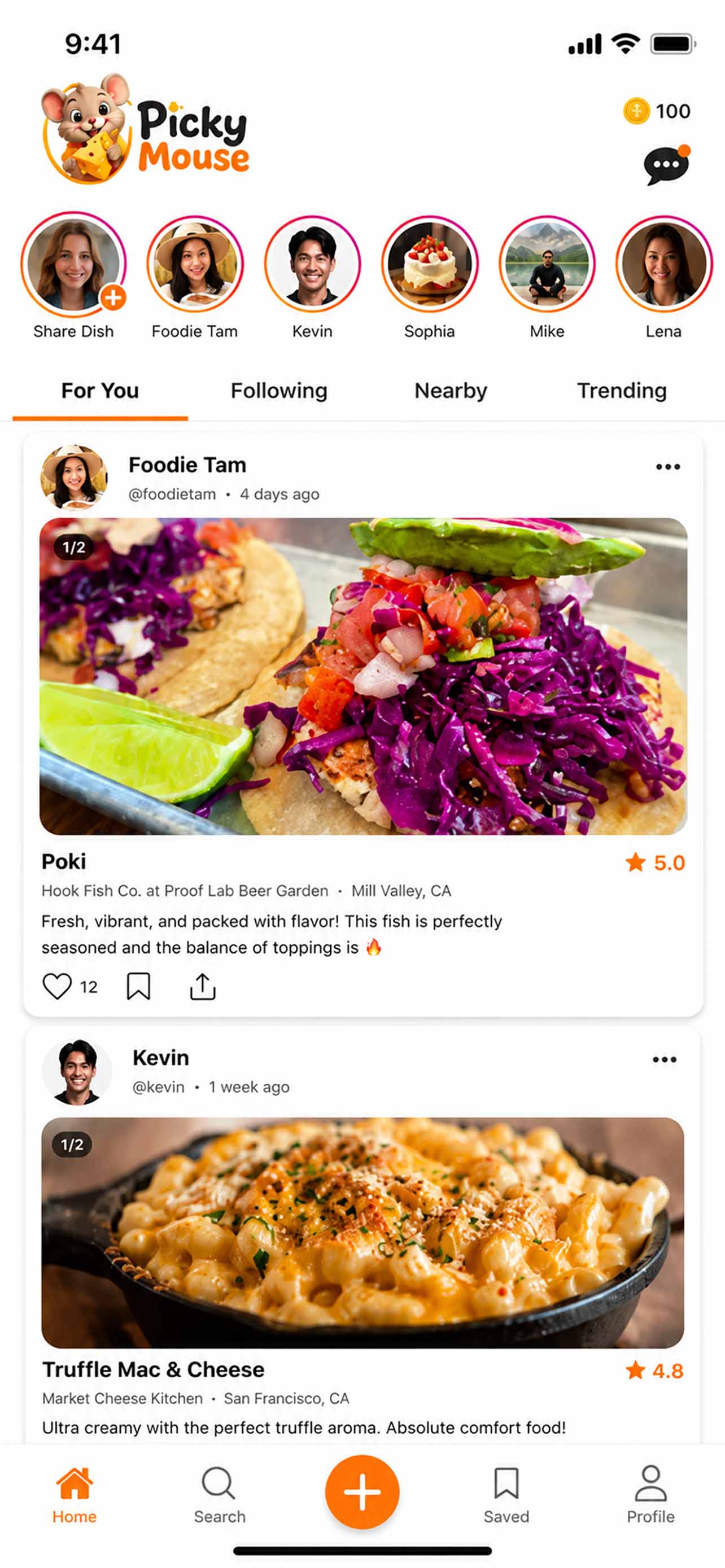 PickyMouse app feed showing real dish posts from the community, each with its own rating and location