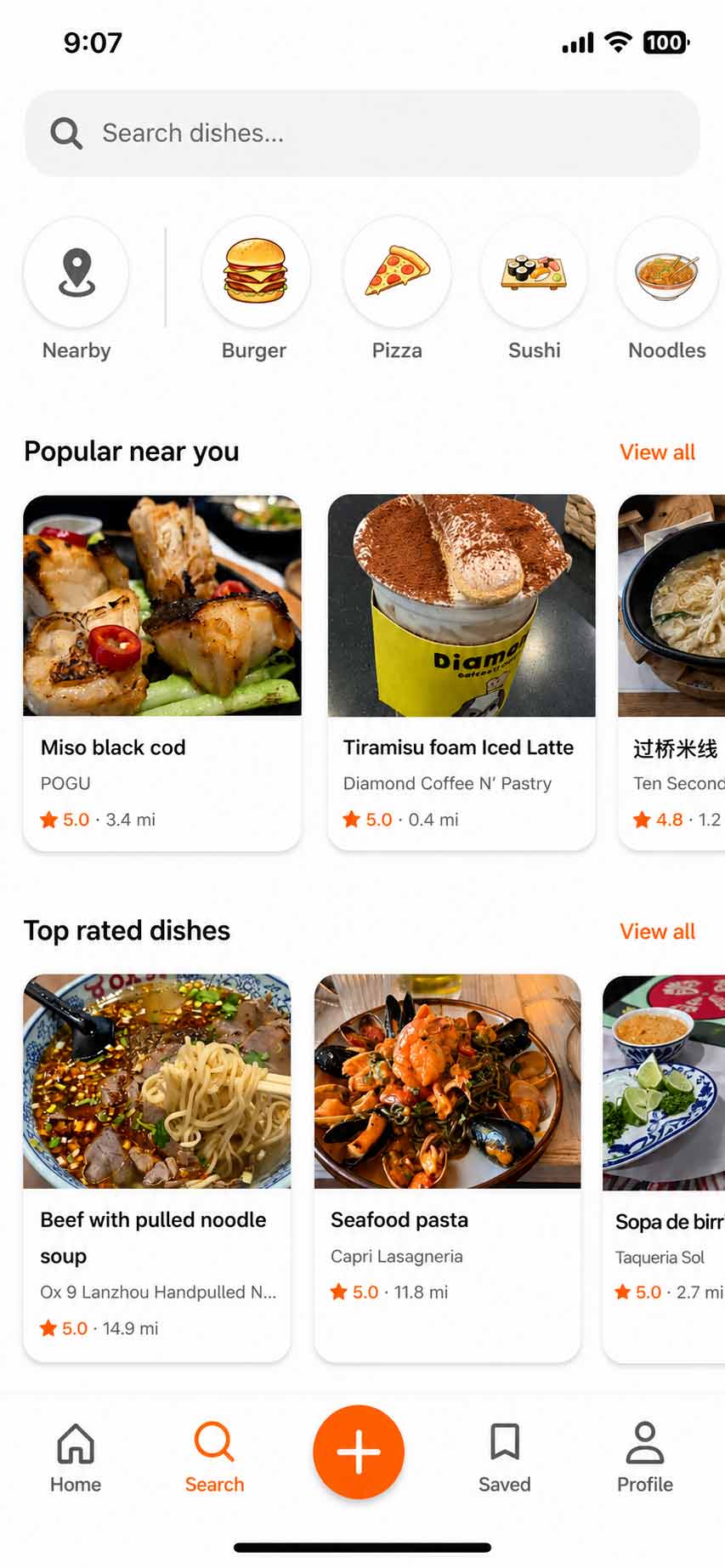 PickyMouse dish search screen showing popular and top rated dishes near you